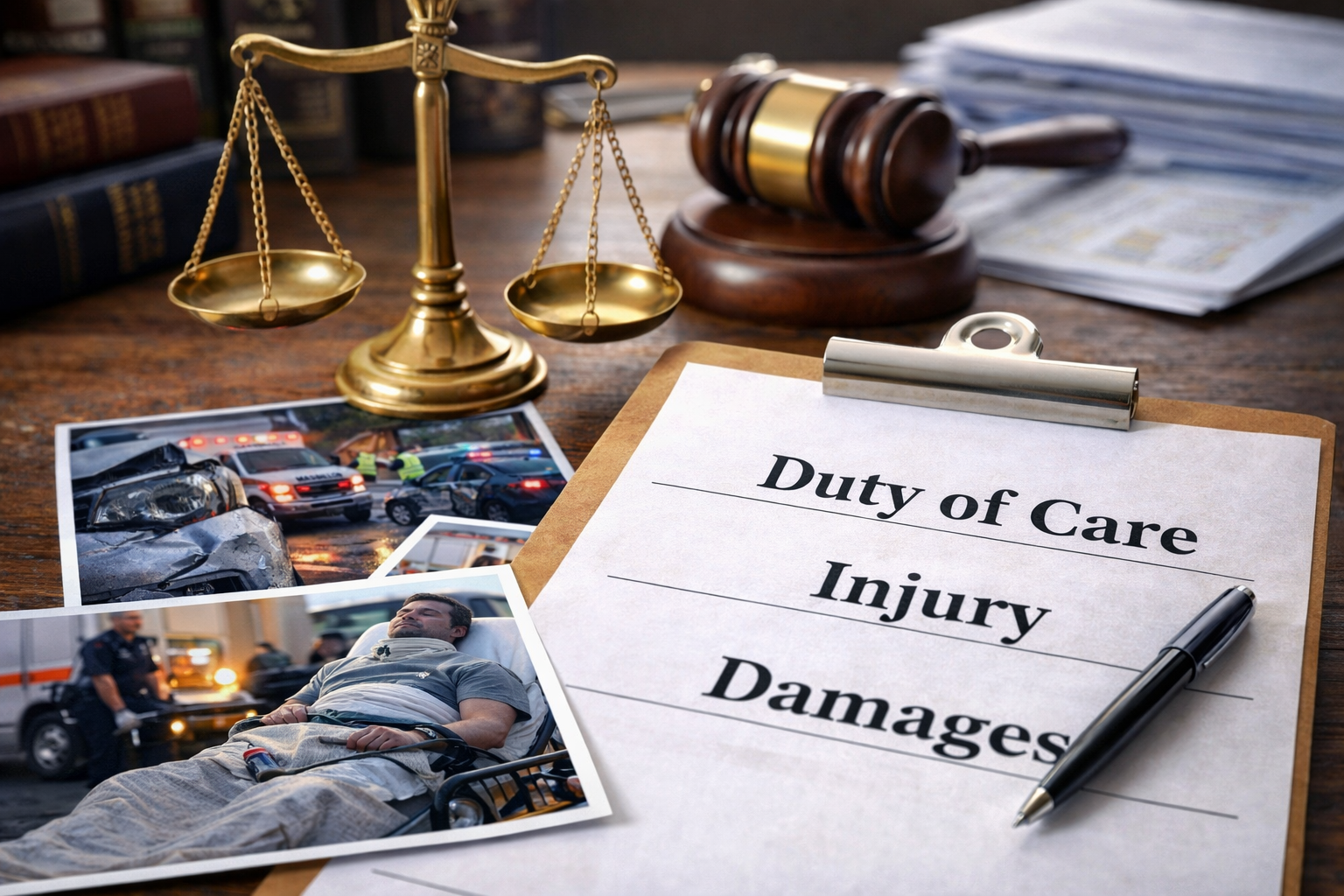 Duty of care concept in personal injury law showing legal documents, accident evidence, and damages
