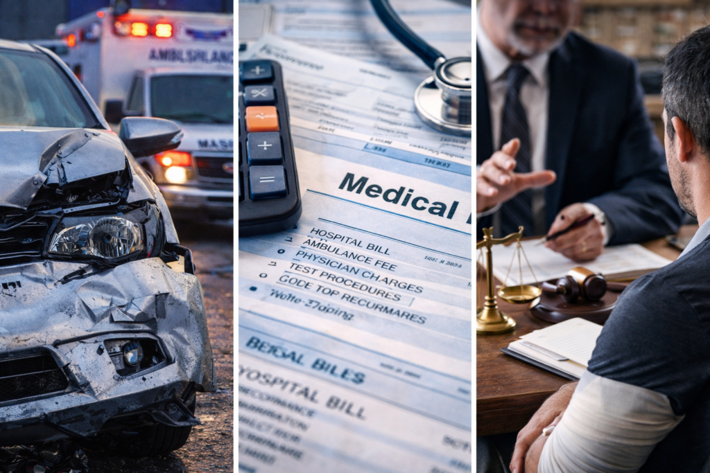 Personal injury process from car accident to medical bills and legal consultation with an attorney