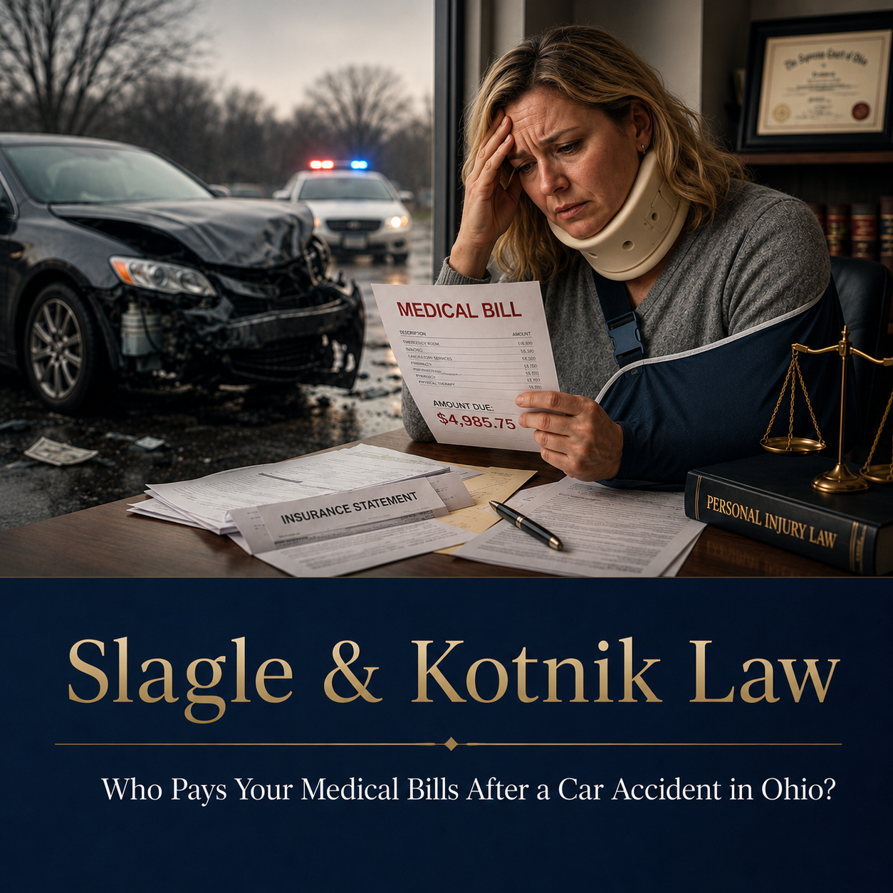 Injured woman reviewing medical bills after a car accident in Ohio