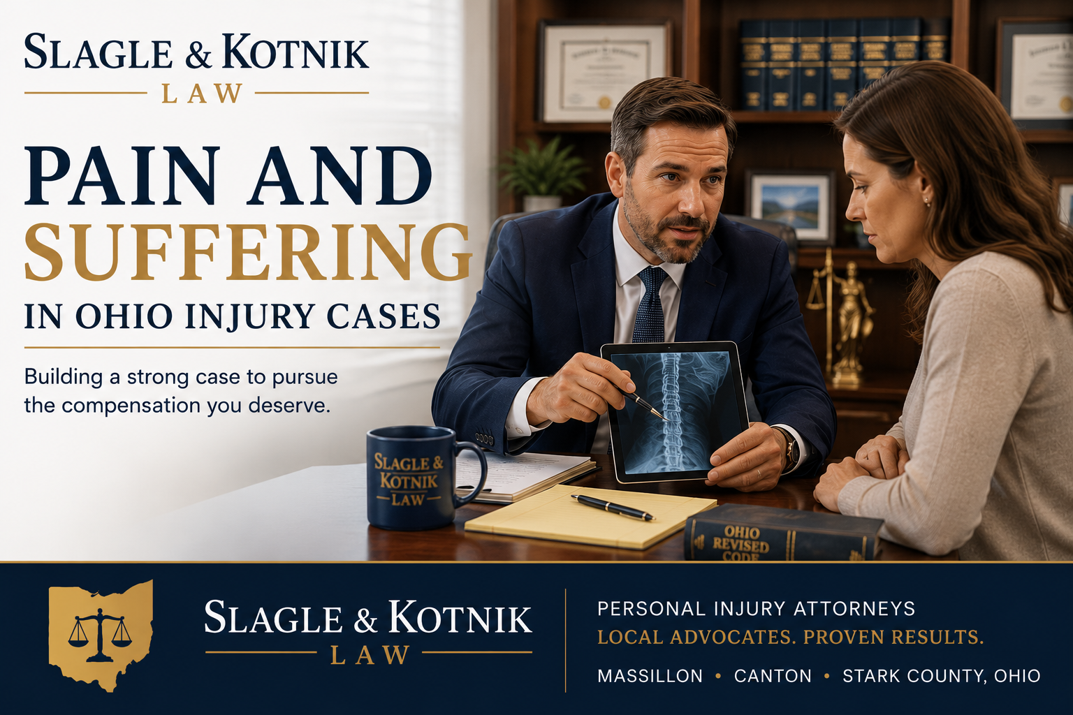 Ohio personal injury attorney discussing pain and suffering compensation with an injured client.