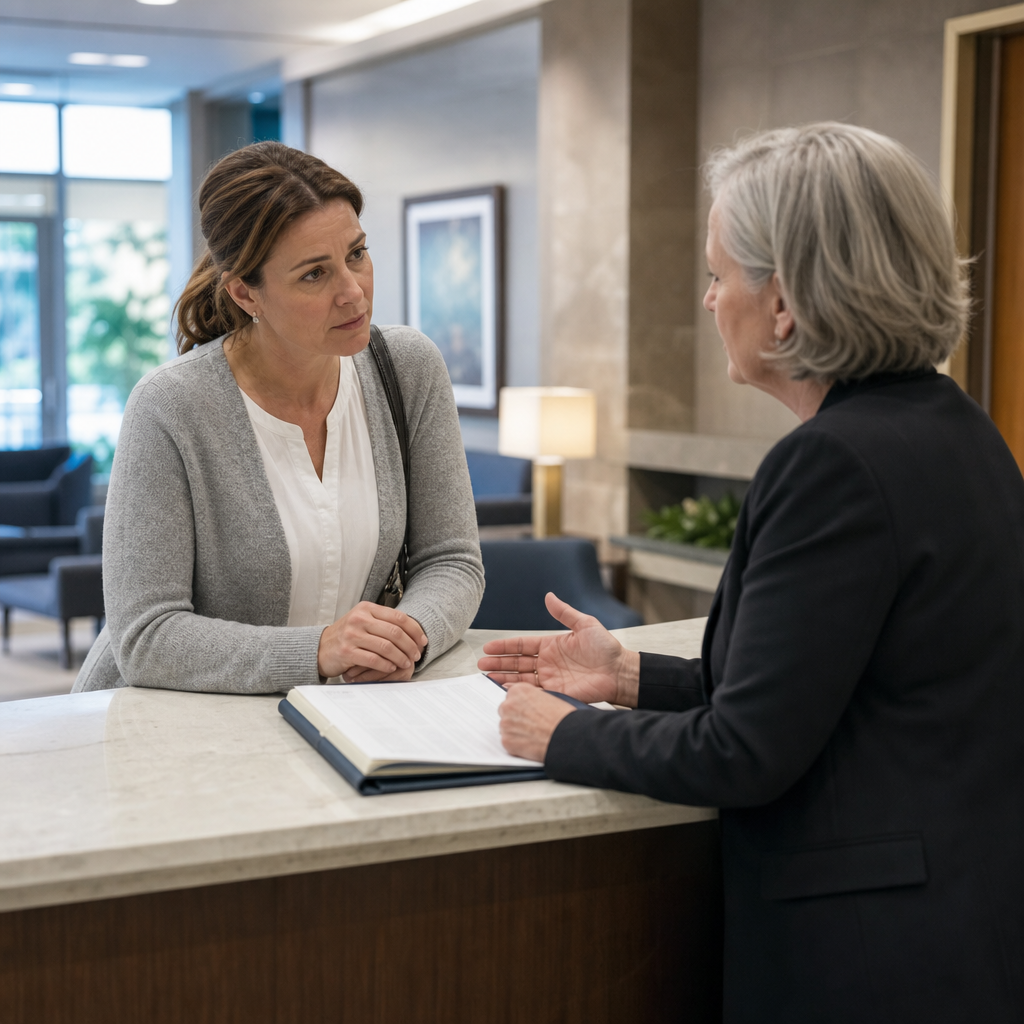 Family caregiver discussing nursing home care concerns with facility staff