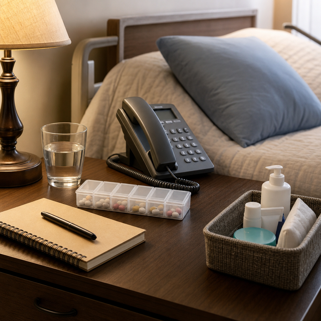Care journal and daily care items beside a nursing home resident’s bed